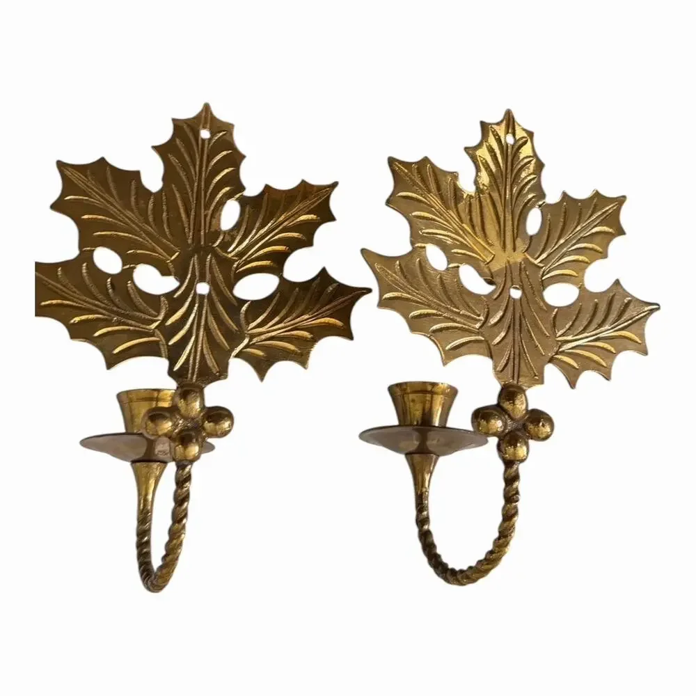 Viintage Solid Brass Candle Holders Wall Decor Holly Leaf Shaped India 7”x5”